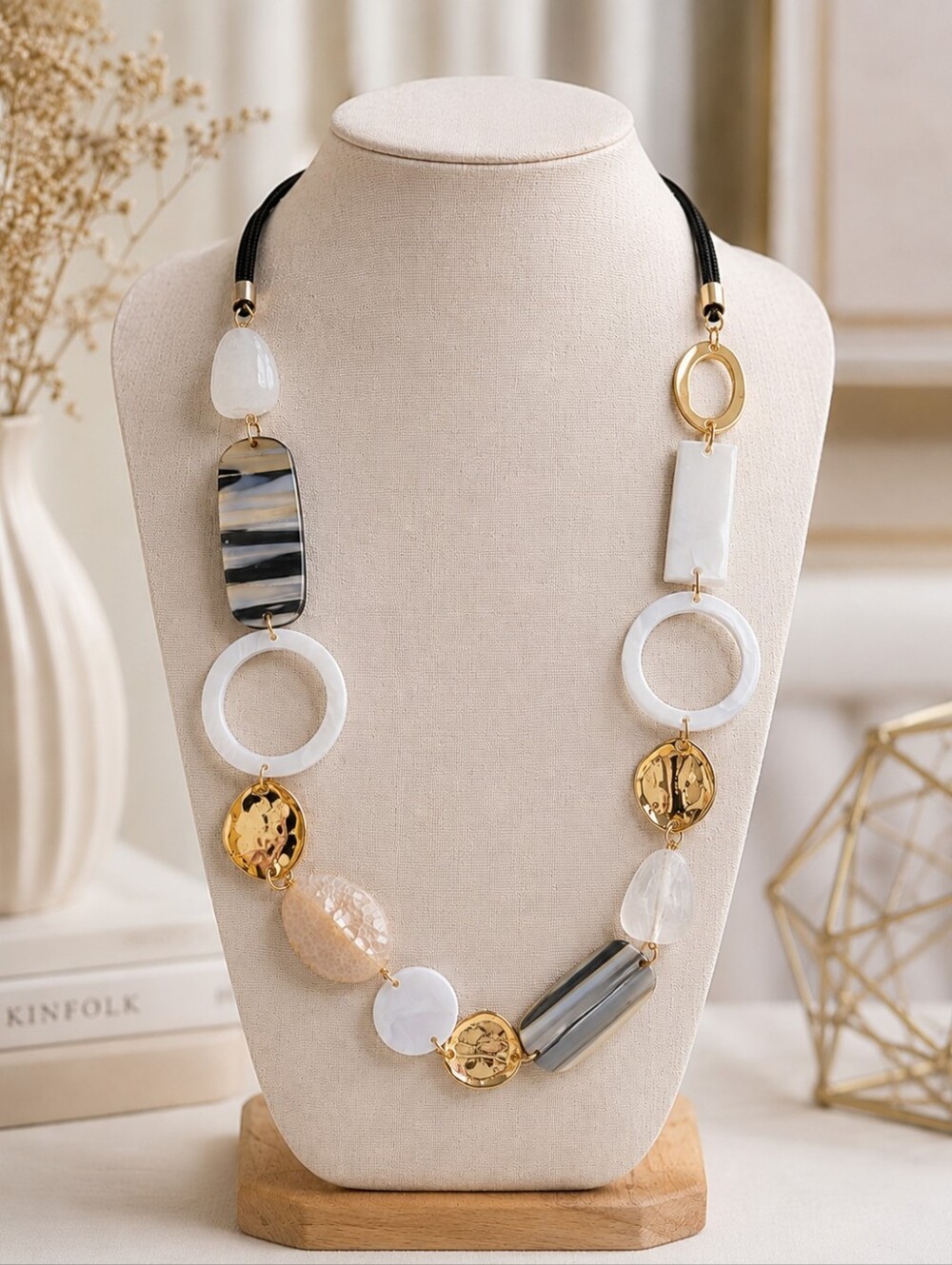 Ashley Cooper Geometric Statement Necklace White Gold Black Cord NWT